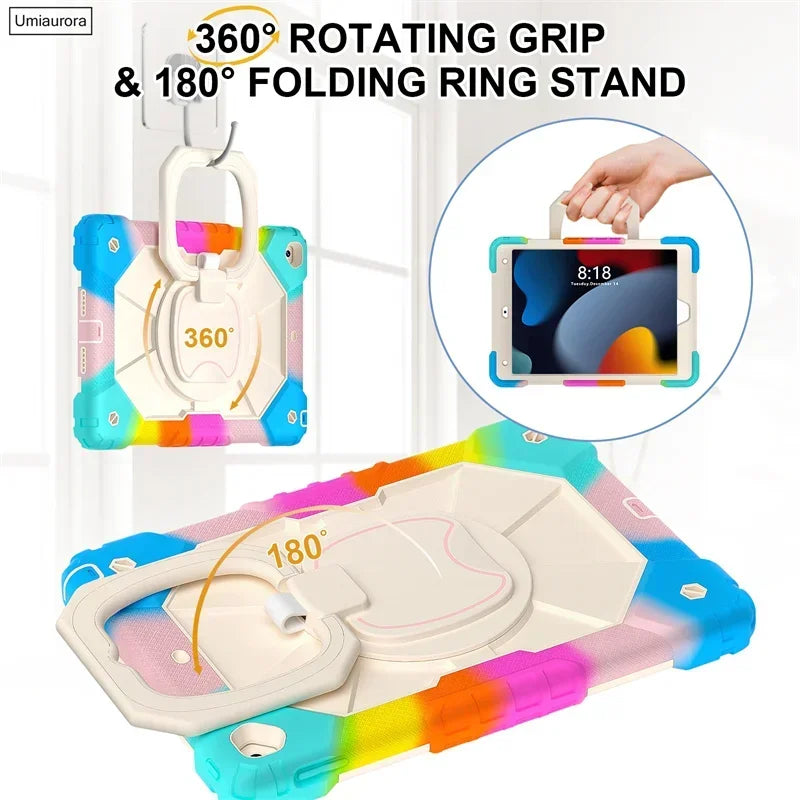For IPad 9.7 7th 8th 9th 10.2 10th Gen Air 4 5 10.9 Pro 11 inch Kids Tablet Case Rotation Handle Stand Shockproof Rugged Cover